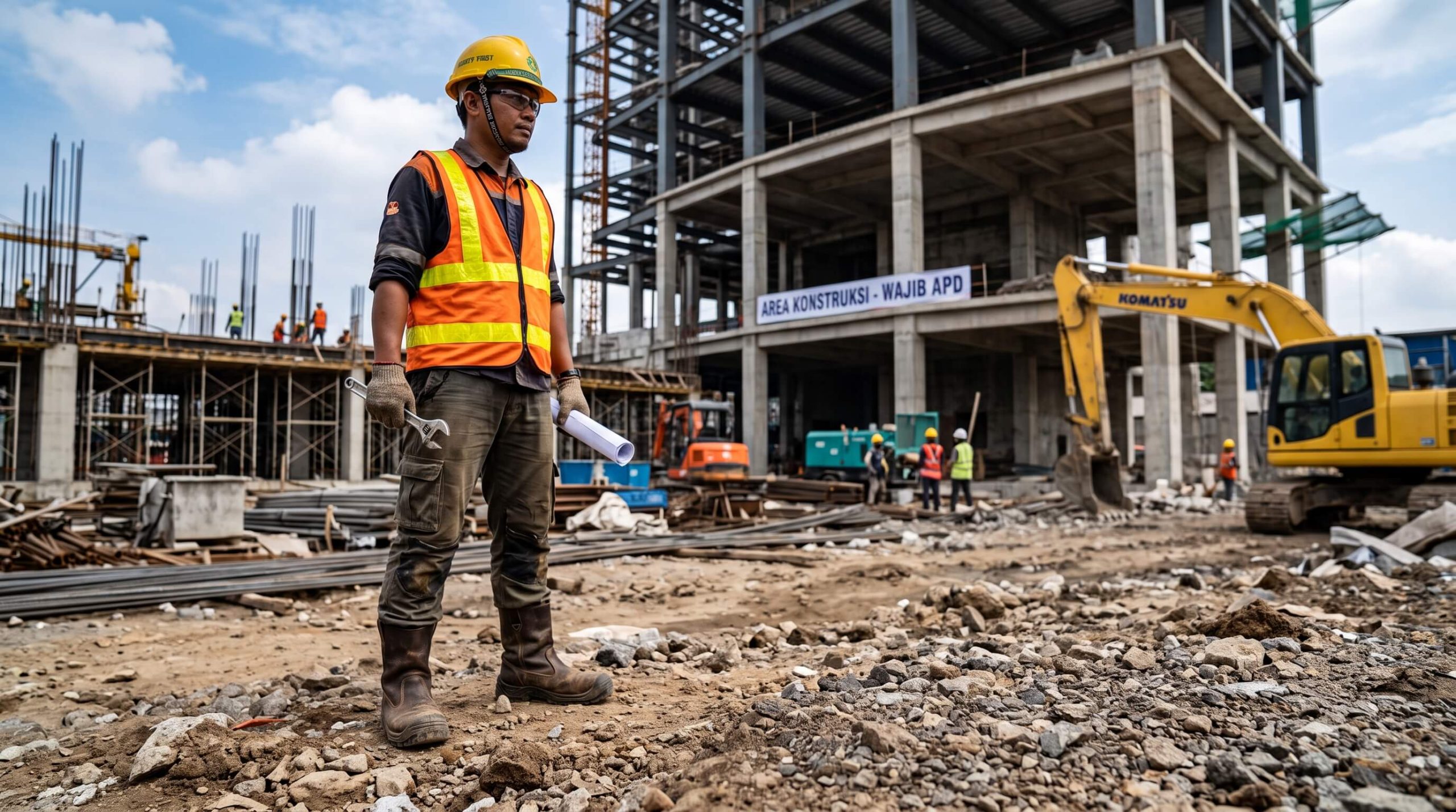Pekerja proyek mengenakan safety shoes dengan sol anti-slip dan steel toe cap di area konstruksi