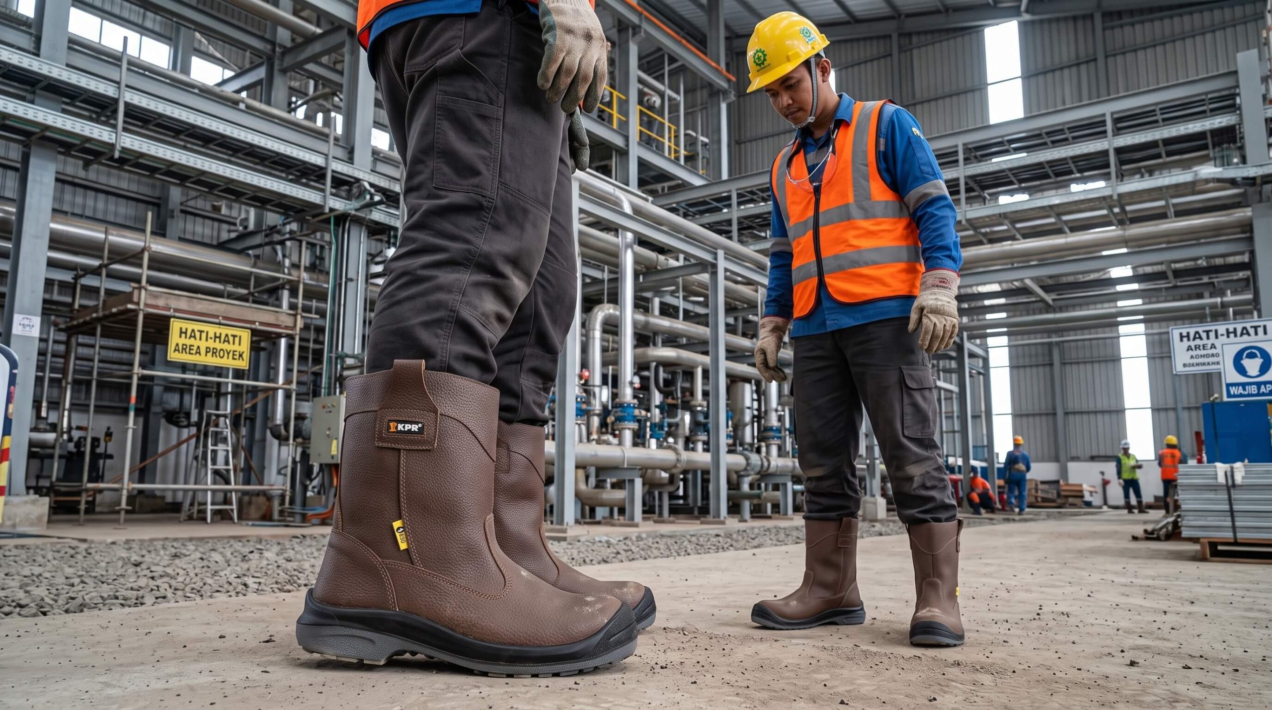 Pekerja proyek menggunakan sepatu safety protection footwear standar K3