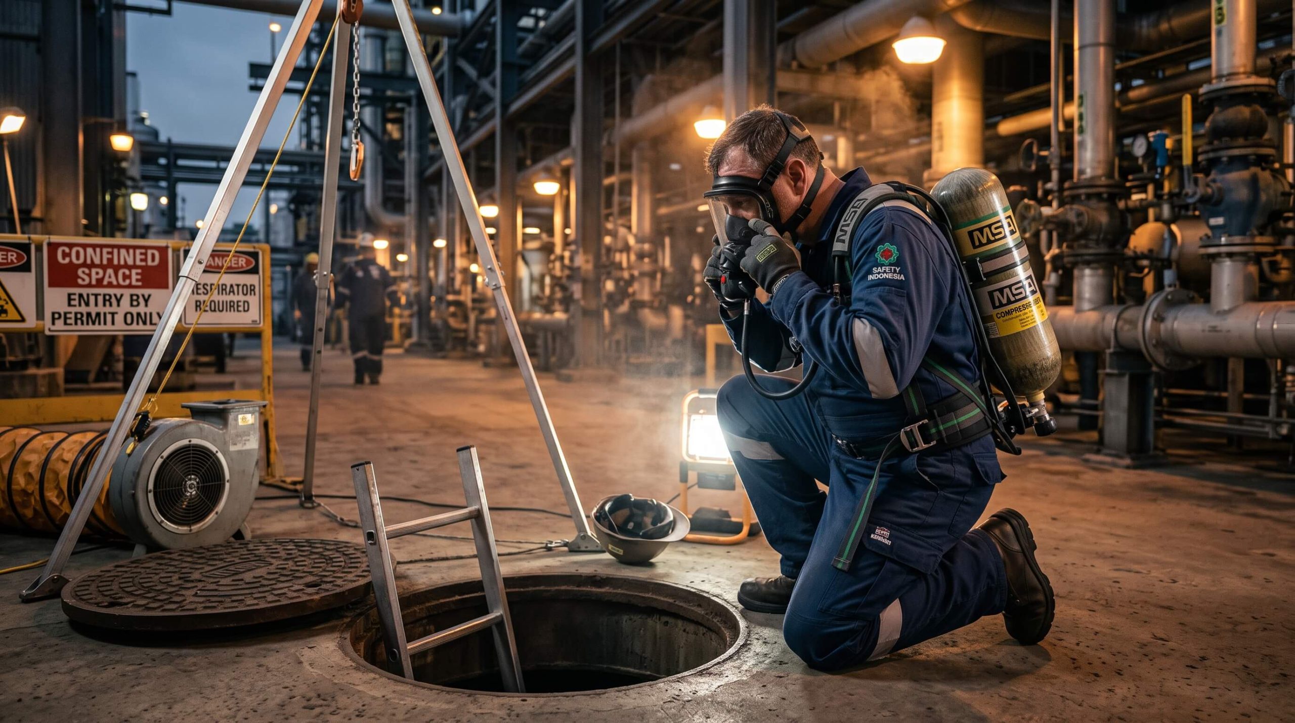 pekerja menggunakan scba msa di confined space