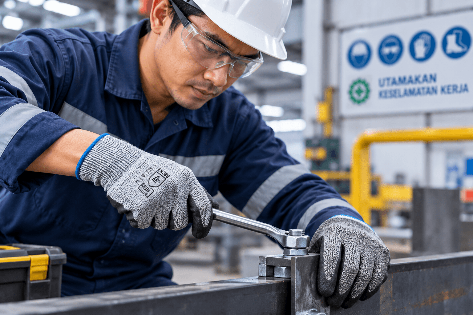Pekerja menggunakan sarung tangan safety sesuai risiko pekerjaan