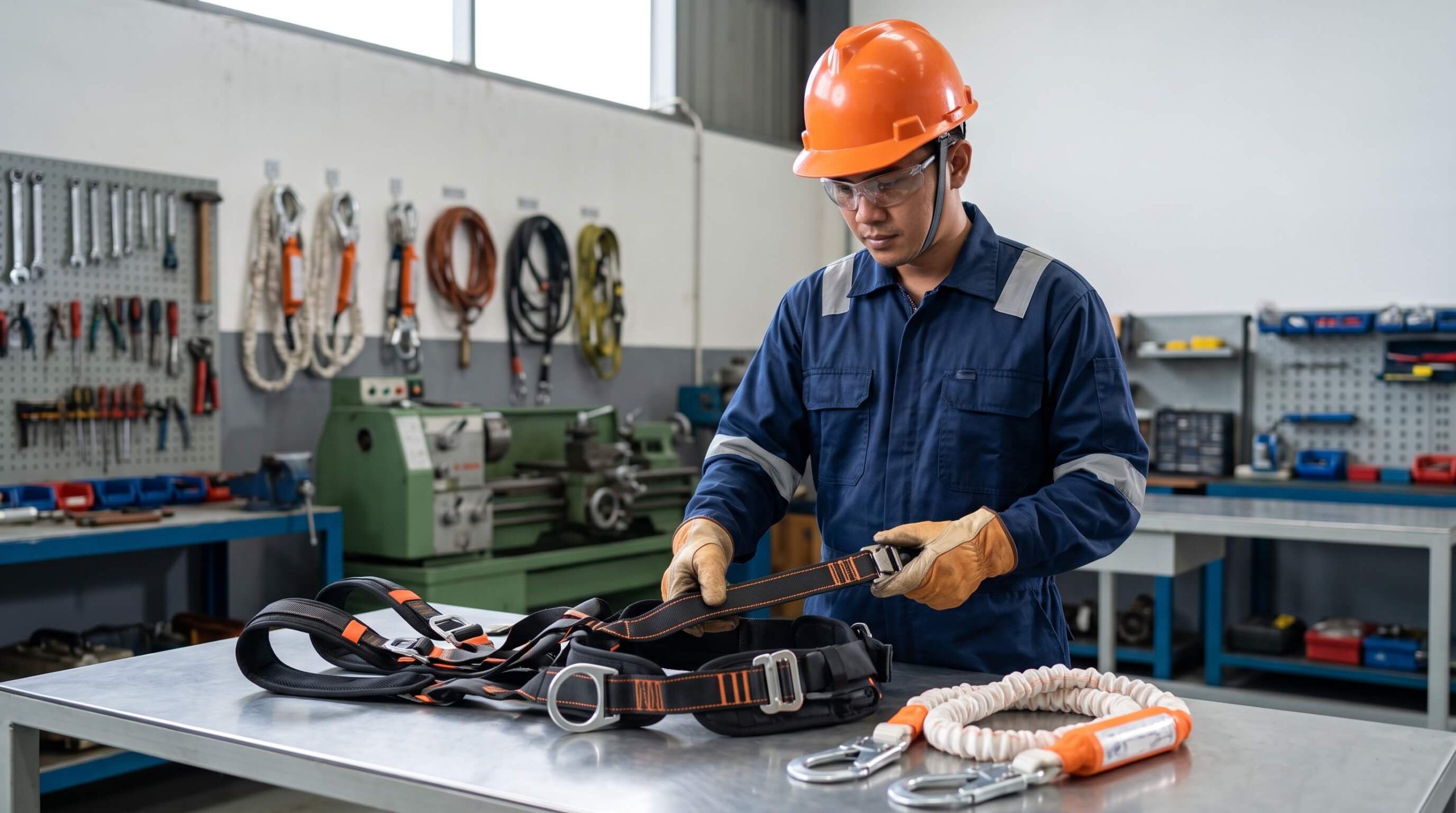 Pemeriksaan full body harness dan lanyard sebelum digunakan